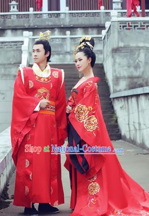 Traditional Ancient Chinese Imperial Emperess and Emperor Costume Complete Set, Chinese Tang Dynasty Emperess Wedding Red Dress, Chinese Emperess Emperor Embroidered Phoenix and Dragon Trailing Clothing for Women for Men