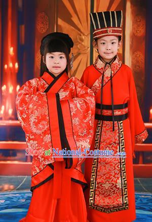 Traditional Ancient Chinese Imperial Emperess and Emperor Costume Complete Set, Chinese Tang Dynasty Emperess Wedding Red Dress, Chinese Emperess Emperor Embroidered Phoenix and Dragon Trailing Clothing for Kids