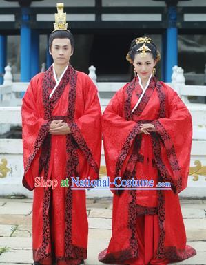 Traditional Ancient Chinese Imperial Emperess and Emperor Costume Complete Set, Chinese Han Dynasty Bride and Bridegroom Wedding Red Dress, Chinese Emperess Emperor Embroidered Phoenix and Dragon Trailing Clothing for Women for Men