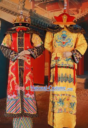 Traditional Ancient Chinese Imperial Emperess and Emperor Costume Complete Set, Chinese Qing Dynasty Emperess Wedding Dress, Chinese Manchu Emperess Emperor Embroidered Phoenix and Dragon Clothing for Women for Men