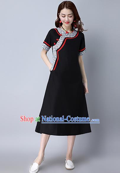 Traditional Ancient Chinese National Costume, Elegant Hanfu Printing Dress, China Tang Suit Mandarin Collar Cheongsam Upper Outer Garment Black Dress Clothing for Women