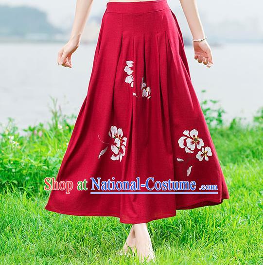 Traditional Ancient Chinese National Skirt Costume, Elegant Hanfu Painting Peony Long Dress, China Tang Suit Cotton Red Bust Skirt for Women