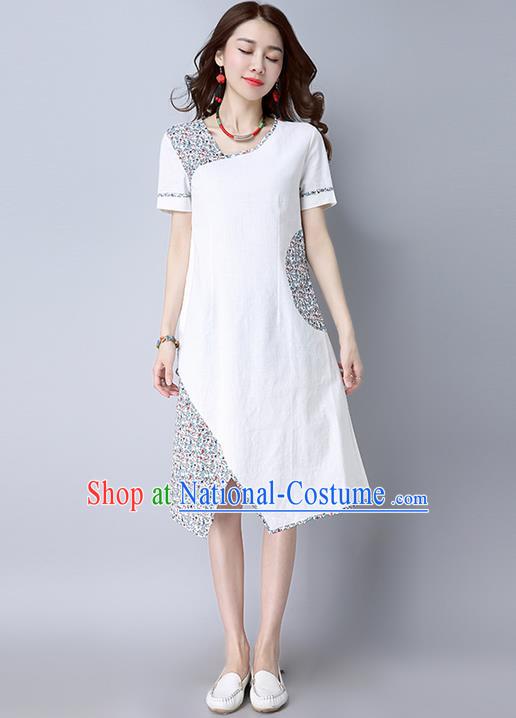 Traditional Ancient Chinese National Costume, Elegant Hanfu Printing Dress, China National Minority Tang Suit Cheongsam Upper Outer Garment White Dress Clothing for Women