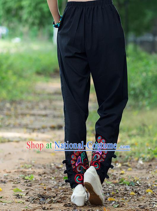 Traditional Ancient Chinese National Costume Trousers, Elegant Hanfu Embroidered Pants, China Tang Suit Cotton Black Leisure Pants for Women