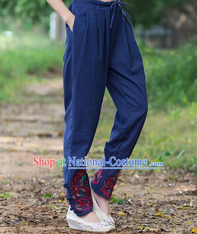 Traditional Ancient Chinese National Costume Trousers, Elegant Hanfu Embroidered Pants, China Tang Suit Cotton Navy Leisure Pants for Women