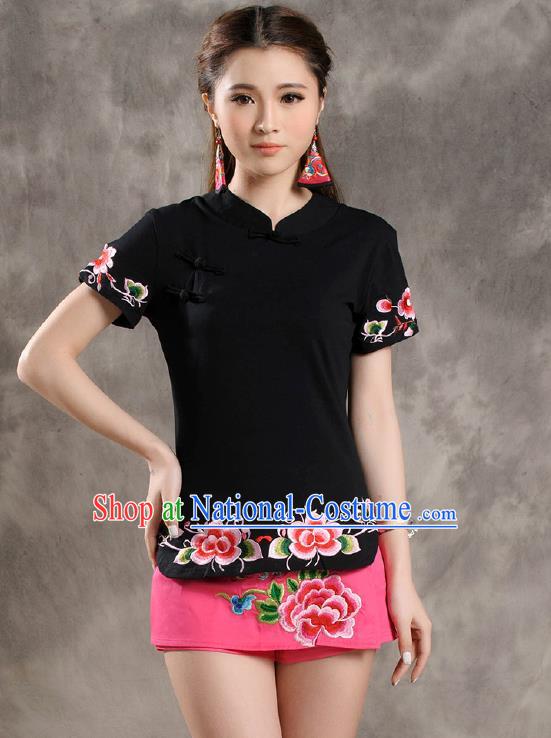 Traditional Ancient Chinese National Costume, Elegant Hanfu Shirt, China Tang Suit Embroidered Black Blouse Cheongsam Upper Outer Garment Clothing for Women