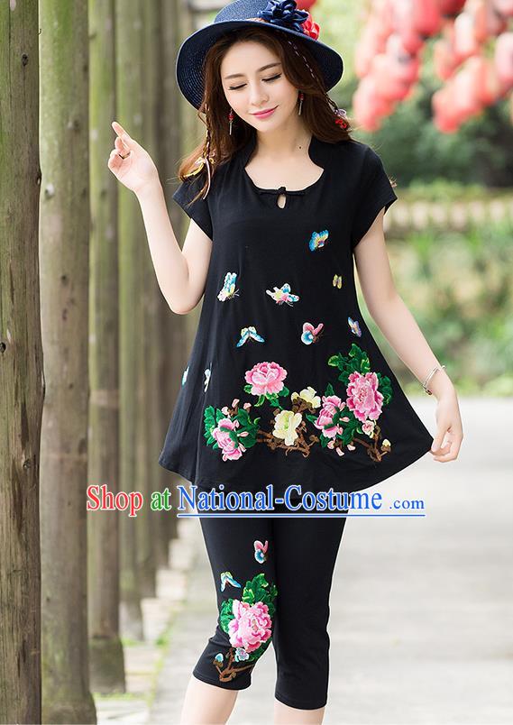 Traditional Ancient Chinese National Costume, Elegant Hanfu Embroidered T-Shirt and Pants, China Tang Suit Embroidered Butterfly Black Blouse Cheongsam Upper Outer Garment Clothing for Women