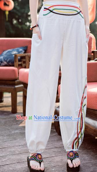 Traditional Ancient Chinese National Costume Plus Fours, Elegant Hanfu Embroidered Pants, China Tang Suit Cotton Bloomers White Trousers for Women