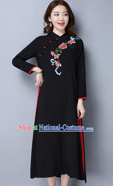 Traditional Ancient Chinese National Costume, Elegant Hanfu Embroidering Flowers Dress, China Tang Suit Cheongsam Upper Outer Garment Black Elegant Dress Clothing for Women