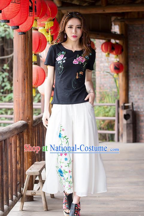 Traditional Ancient Chinese National Costume Loose Pants, Elegant Hanfu Embroidering Flower White Pants, China Tang Suit Linen Wide Leg Pants for Women