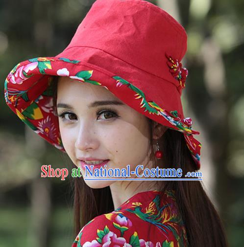 Traditional Chinese National Embroidered Phoenix Crafts Headgear Sunhat, China National Minority Handmade Embroidered Red Hat for Women