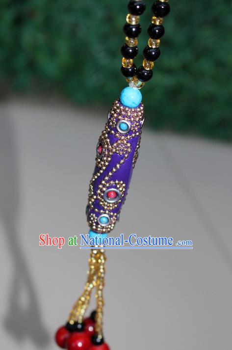 Traditional Chinese Miao Nationality Crafts Jewelry Accessory, Hmong Handmade Black Beads Tassel Purple Pendant, Miao Ethnic Minority Necklace Accessories Sweater Chain Pendant for Women