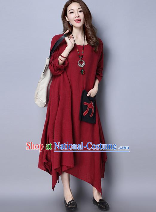 Traditional Ancient Chinese National Costume, Elegant Hanfu Linen Round Collar Red Dress, China Tang Suit Cheongsam Upper Outer Garment Elegant Dress Clothing for Women