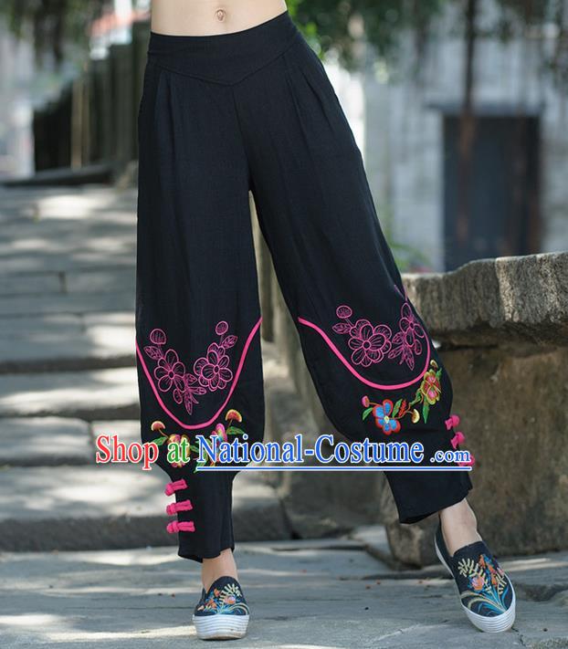 Traditional Ancient Chinese National Costume Trousers, Elegant Hanfu Embroidered Flowers Pants, China Tang Suit Cotton Black Leisure Pants for Women