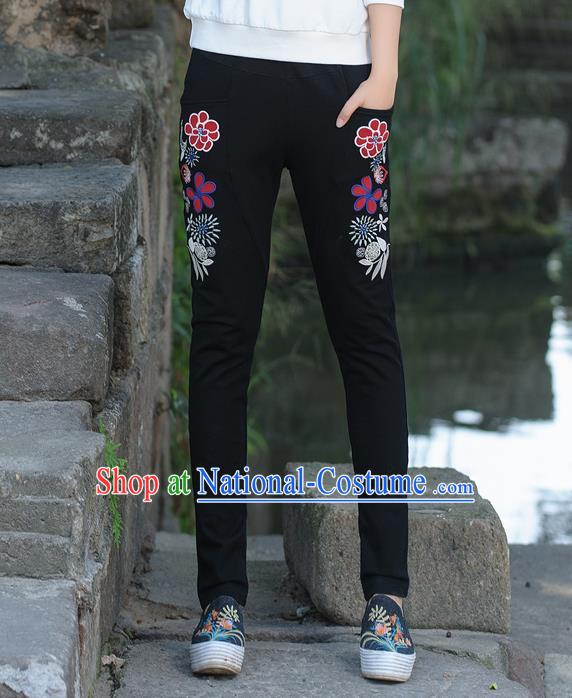 Traditional Ancient Chinese National Costume Casual Pants, Elegant Hanfu Embroidered Pants, China Tang Suit Black Trousers for Women