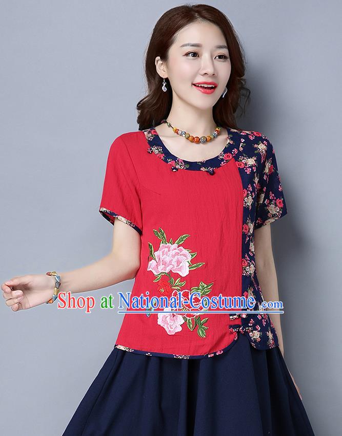 Traditional Chinese National Costume, Elegant Hanfu Multicolor Round Collar T-Shirt, China Tang Suit Red Blouse Cheongsam Qipao Shirts Clothing for Women