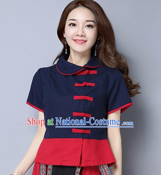 Traditional Chinese National Costume, Elegant Hanfu Lapel Shirt, China Tang Suit Blouse Cheongsam Qipao Navy Shirts Clothing for Women