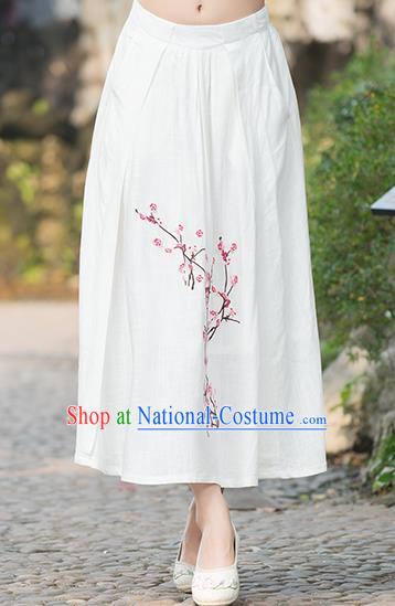 Traditional Ancient Chinese National Costume Pleated Skirt, Elegant Hanfu Embroidered Plum Blossom Linen White Dress, China Tang Suit Bust Skirt for Women