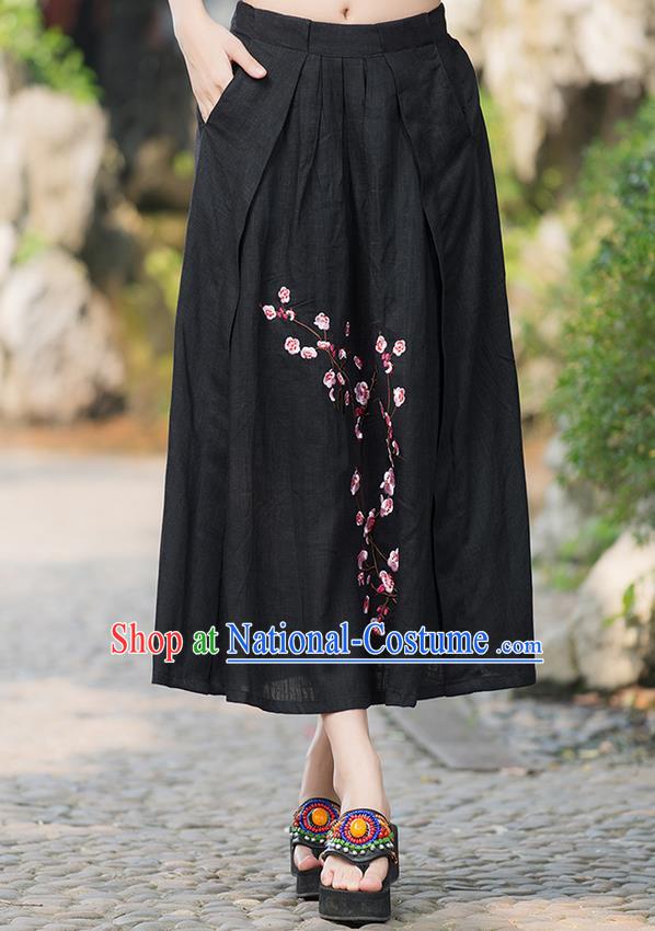 Traditional Ancient Chinese National Costume Pleated Skirt, Elegant Hanfu Embroidered Plum Blossom Linen Black Dress, China Tang Suit Bust Skirt for Women