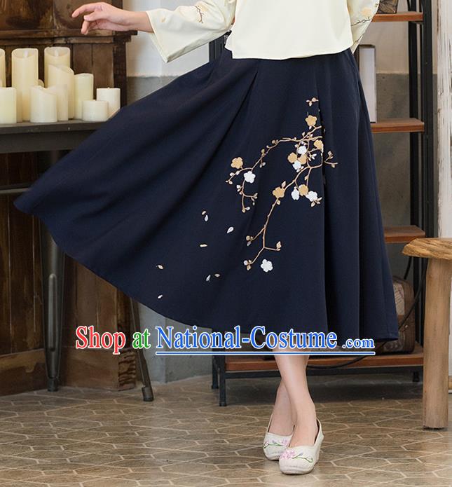 Traditional Ancient Chinese National Pleated Skirt Costume, Elegant Hanfu Embroidered Long Dress, China Tang Suit Royalblue Bust Skirt for Women