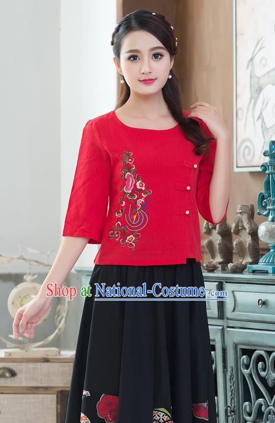 Traditional Ancient Chinese National Costume, Elegant Hanfu Linen Round Collar Embroidered Red Shirt, China Tang Suit Blouse Cheongsam Qipao Shirts Clothing for Women