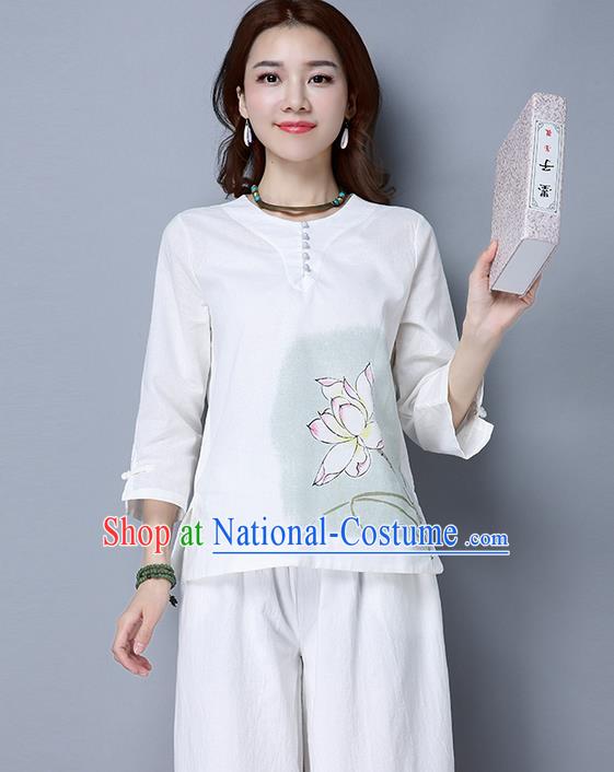 Traditional Chinese National Costume, Elegant Hanfu Painting Lotus T-Shirt, China Tang Suit Blouse Cheongsam Qipao Shirts Clothing for Women