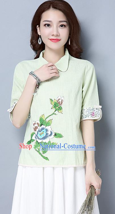 Traditional Ancient Chinese National Costume, Elegant Hanfu Linen Printing T-Shirt, China Tang Suit Blouse Cheongsam Qipao Shirts Clothing for Women