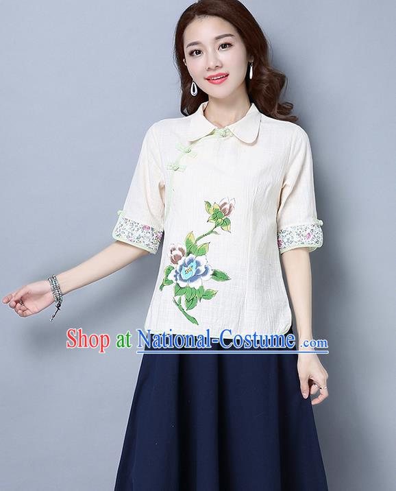 Traditional Ancient Chinese National Costume, Elegant Hanfu Linen Printing White T-Shirt, China Tang Suit Blouse Cheongsam Qipao Shirts Clothing for Women