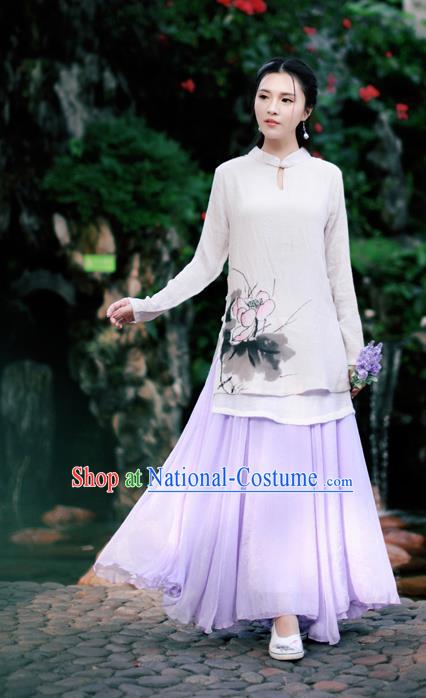 Traditional Ancient Chinese National Pleated Skirt Costume, Elegant Hanfu Chiffon Long Purple Dress, China Tang Dynasty Bust Skirt for Women