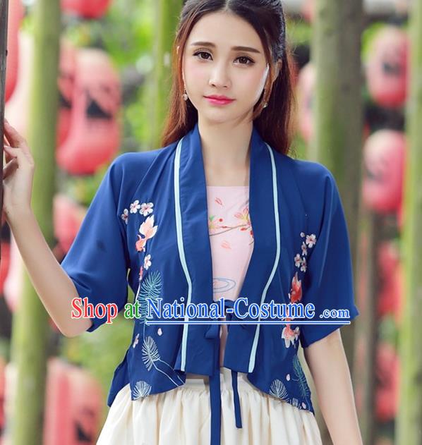 Traditional Ancient Chinese National Costume, Elegant Hanfu Embroidery Cardigan Coat, China Tang Suit Blue Cape, Upper Outer Garment Coat Cloak Clothing for Wome