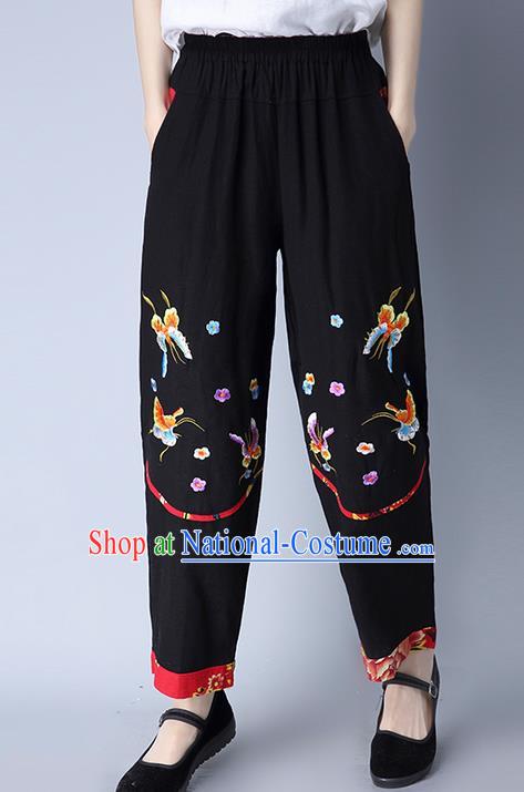 Traditional Chinese National Costume Plus Fours, Elegant Hanfu Patch Embroidery Butterfly Black Bloomers, China Ethnic Minorities Folk Dance Tang Suit Pantalettes for Women