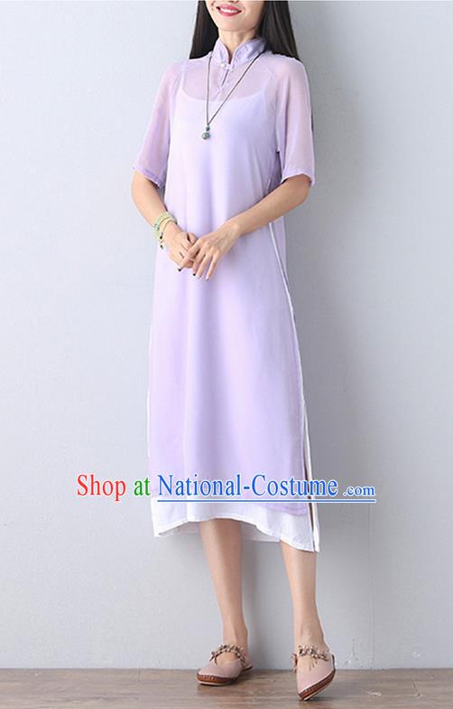 Traditional Ancient Chinese National Costume, Elegant Hanfu Mandarin Qipao Stand Collar Two-Piece Purple Chiffon Dress, China Tang Suit Plated Buttons Chirpaur Republic of China Cheongsam Upper Outer Garment Elegant Dress Clothing for Women