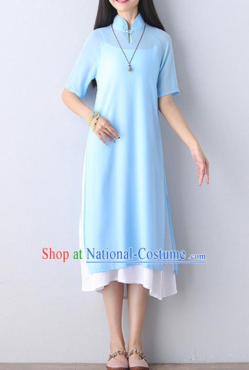 Traditional Ancient Chinese National Costume, Elegant Hanfu Mandarin Qipao Stand Collar Two-Piece Blue Chiffon Dress, China Tang Suit Plated Buttons Chirpaur Republic of China Cheongsam Upper Outer Garment Elegant Dress Clothing for Women