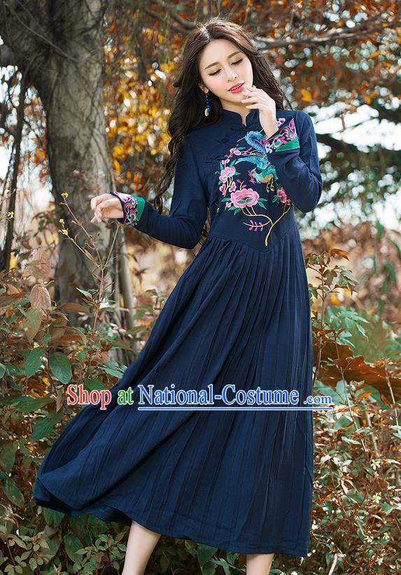 Traditional Ancient Chinese National Costume, Elegant Hanfu Mandarin Qipao Linen Embroidery Phoenix Navy Dress, China Tang Suit National Minority Dance Elegant Dress Clothing for Women