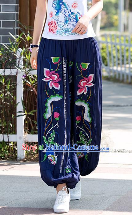 Traditional Chinese National Costume Plus Fours, Elegant Hanfu Patch Embroidery Lotus Navy Bloomers, China Ethnic Minorities Folk Dance Tang Suit Pantalettes for Women