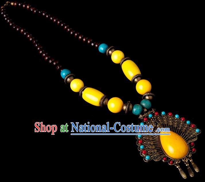 Traditional Chinese Zang Nationality Crafts, Hmong Handmade Tibet Yellow Sweater Chain, Tibetan Ethnic Minority Necklace Accessories Pendant for Women