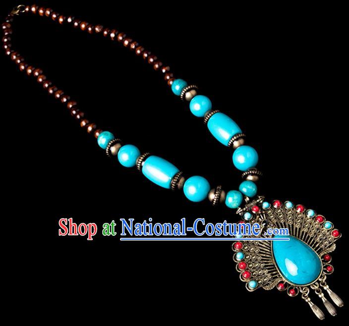 Traditional Chinese Zang Nationality Crafts, Hmong Handmade Tibet Blue Sweater Chain, Tibetan Ethnic Minority Necklace Accessories Pendant for Women