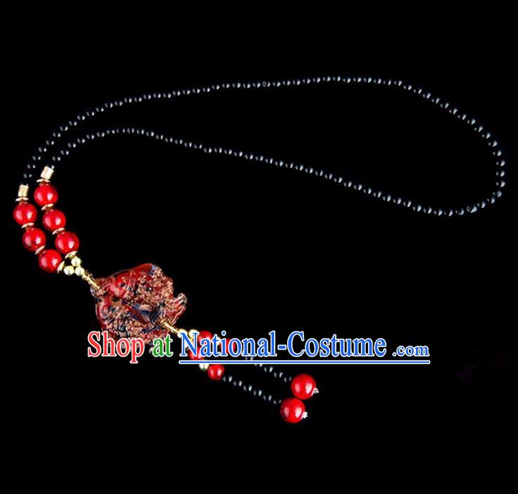 Traditional Chinese Nationality Crafts, Yunan Handmade Coloured Glaze Fish Red Tassel Sweater Chain, China Ethnic Minority Necklace Accessories Pendant for Women