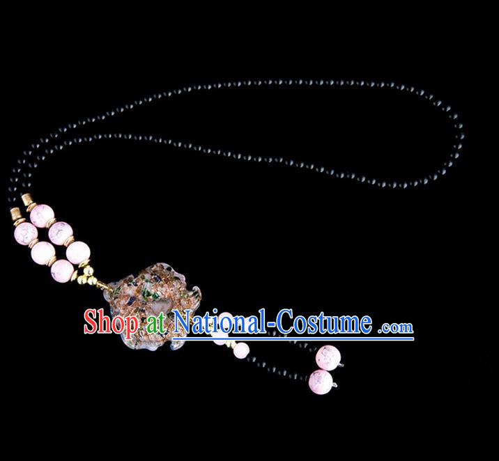 Traditional Chinese Nationality Crafts, Yunan Handmade Coloured Glaze Fish Pink Tassel Sweater Chain, China Ethnic Minority Necklace Accessories Pendant for Women