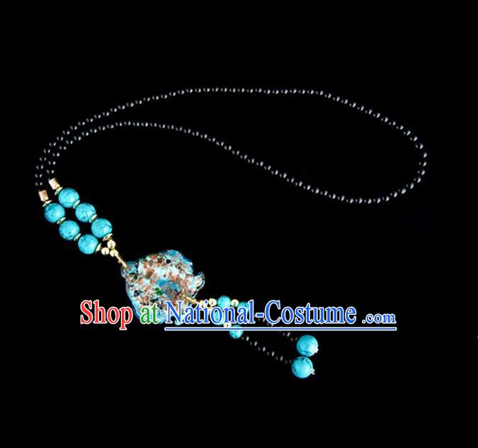 Traditional Chinese Nationality Crafts, Yunan Handmade Coloured Glaze Fish Blue Tassel Sweater Chain, China Ethnic Minority Necklace Accessories Pendant for Women