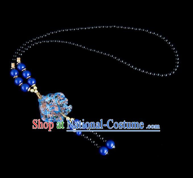 Traditional Chinese Nationality Crafts, Yunan Handmade Coloured Glaze Fish Deep Blue Tassel Sweater Chain, China Ethnic Minority Necklace Accessories Pendant for Women