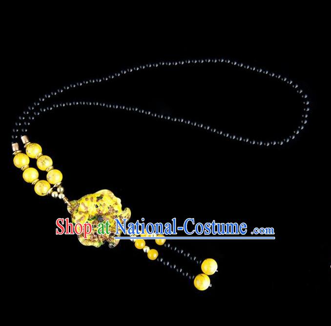 Traditional Chinese Nationality Crafts, Yunan Handmade Coloured Glaze Fish Yellow Tassel Sweater Chain, China Ethnic Minority Necklace Accessories Pendant for Women