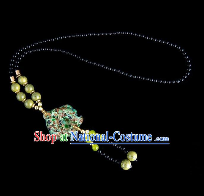 Traditional Chinese Nationality Crafts, Yunan Handmade Coloured Glaze Fish Army Green Tassel Sweater Chain, China Ethnic Minority Necklace Accessories Pendant for Women