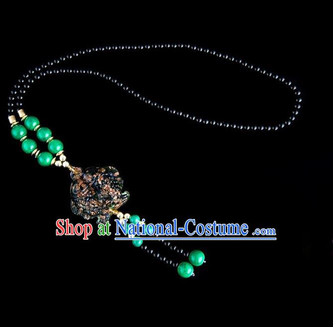 Traditional Chinese Nationality Crafts, Yunan Handmade Coloured Glaze Fish Green Tassel Sweater Chain, China Ethnic Minority Necklace Accessories Pendant for Women