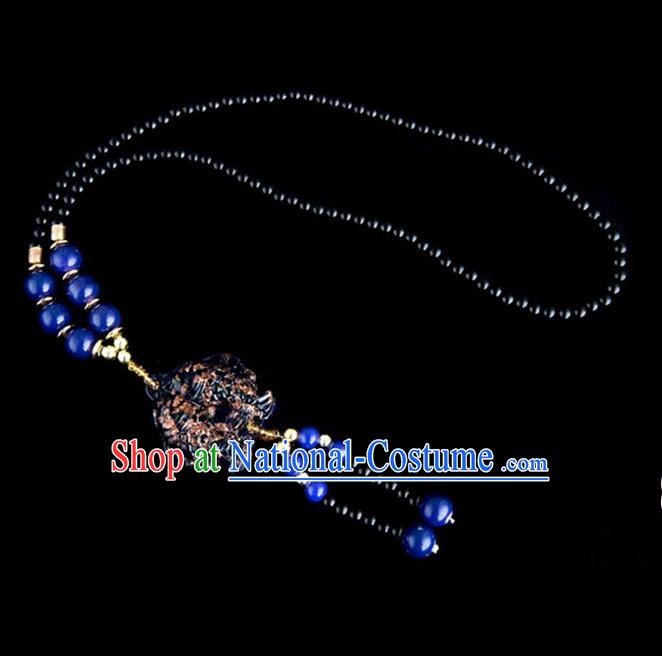 Traditional Chinese Nationality Crafts, Yunan Handmade Coloured Glaze Fish Royalblue Tassel Sweater Chain, China Ethnic Minority Necklace Accessories Pendant for Women