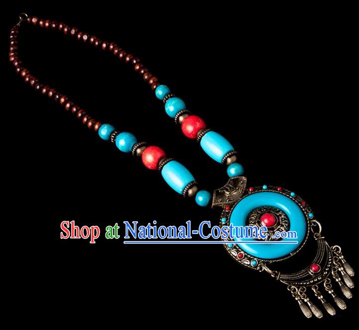 Traditional Chinese Zang Nationality Crafts, Hmong Handmade Tibet Blue Tassel Sweater Chain, Tibetan Ethnic Minority Necklace Accessories Pendant for Women