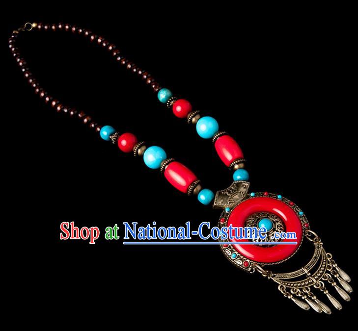 Traditional Chinese Zang Nationality Crafts, Hmong Handmade Tibet Red Tassel Sweater Chain, Tibetan Ethnic Minority Necklace Accessories Pendant for Women