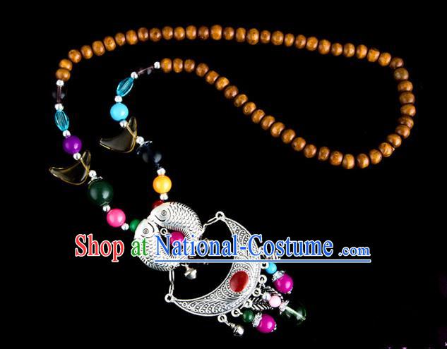 Traditional Chinese Zang Nationality Crafts, Hmong Handmade Tibet Log Beads Tassel Bells Sweater Chain, Tibetan Ethnic Minority Necklace Accessories Pendant for Women