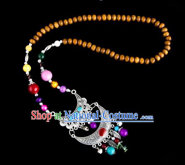 Traditional Chinese Zang Nationality Crafts, Hmong Handmade Tibet Log Beads Tassel Bells Sweater Chain, Tibetan Ethnic Minority Necklace Accessories Pendant for Women