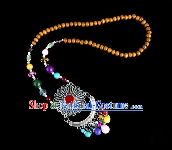 Traditional Chinese Zang Nationality Crafts, Hmong Handmade Tibet Log Beads Tassel Bells Sweater Chain, Tibetan Ethnic Minority Necklace Accessories Pendant for Women